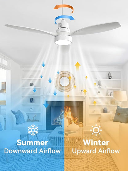 Sofucor White Ceiling Fan with Lights and Remote, 52 Inch Modern Wood DC Motor Ceiling Fan with Downrods, for Farmhouse Bedroom Living Room Dining Room Patio Porch, Reversible, 3 Blades