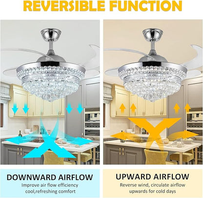 42" Invisible Ceiling Fan Chandelier with Light,Modern Crystal Ceiling Fan Light Remote Control 4 Retractable ABS Blades for Bedroom Living Dining Room Decoration (Silver)