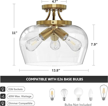 VONLUCE Semi Flush Mount Ceiling Light, 13.8" Ceiling Light Fixture with Clear Glass Shade, E26 Base, 3-Bulb Industrial Lighting Fixture for Hallway Entryway Bedroom, Brushed Gold, ETL Certificated