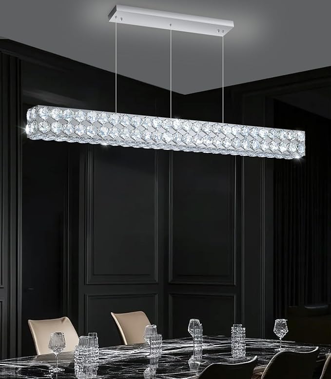 47'' Modern Crystal Chandelier for Dining Room Ceiling Light Fixture for Living Room Hallway Lighting LED Dimmable with Remote Silver