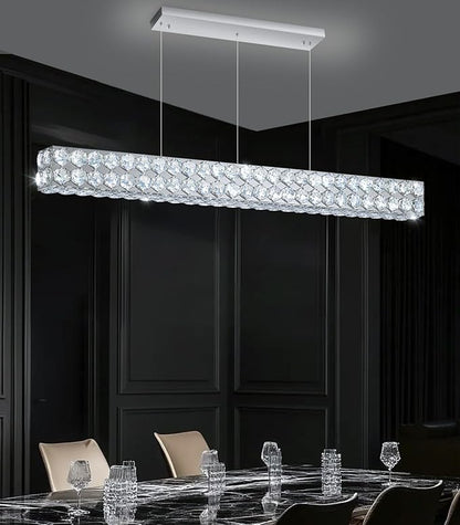 47'' Modern Crystal Chandelier for Dining Room Ceiling Light Fixture for Living Room Hallway Lighting LED Dimmable with Remote Silver