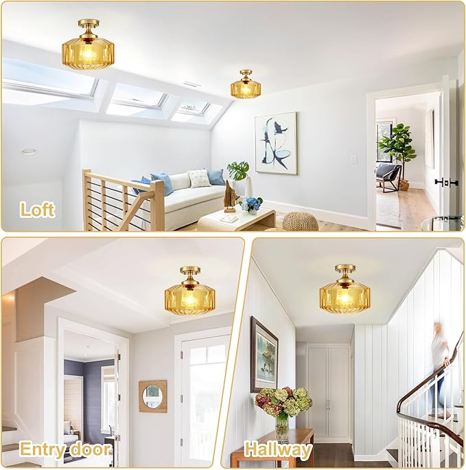 2-Pack Amber Glass Semi Flush Mount Ceiling Light, 11.02" Mid Century Modern Gold Close to Ceiling Light Fixtures, Farmhouse Flush Mount Lamps for Bedroom Hallway Kitchen Entryway Foyer