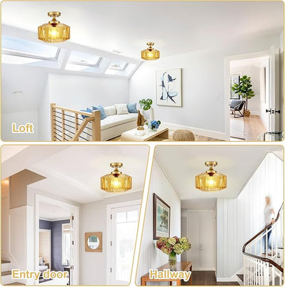 2-Pack Amber Glass Semi Flush Mount Ceiling Light, 11.02" Mid Century Modern Gold Close to Ceiling Light Fixtures, Farmhouse Flush Mount Lamps for Bedroom Hallway Kitchen Entryway Foyer