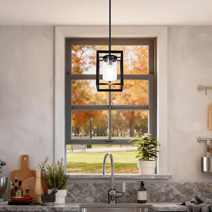 3 Pack Black Pendant Lights for Kitchen Island, Farmhouse 1-Light Iron Cage Metal Hanging Light with Clear Glass Shade, Industrial Lighting Fixtures for Living Room Bedroom Hallway Foyer