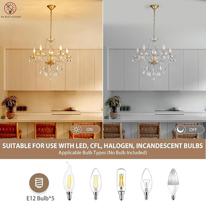 Gold Candle Crystal Glass Dining Room Chandelier 5-Light Pendant Ceiling Lighting Fixture for Kitchen Hallway Living Room Bedroom Bar Closet, Luxury Contemporary Elegant Lamp, 23 Inch