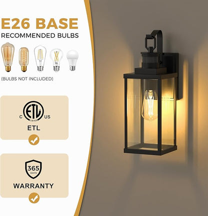 DORESshop Large Size Motion Sensor Outdoor Wall Lights, 16 Inch Matte Black Waterproof Anti-Rust Outdoor Light Fixtures Wall Mount with Clear Glass Shade for Porch, Garage, ETL Listed, 2 Pack