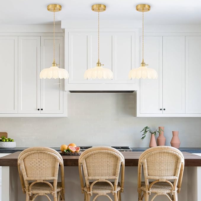 3 Pack Glass Pendant Lights Kitchen Island, Vintage Brass Pendant Light Fixtures, Adjustable Milk White Kitchen Pendant Lighting Over Island for Bedroom Living Room Hallway Dining Room