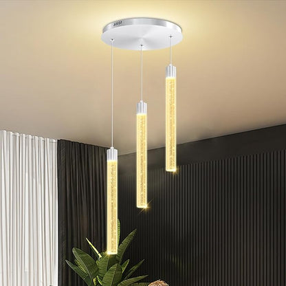 Modern Led Crystal Column Chandelier 3-Light Silver LED Pendant Light for Kitchen Island Foyer Entryway Dimmable Hanging Pendant Lighting 2700K-6000K