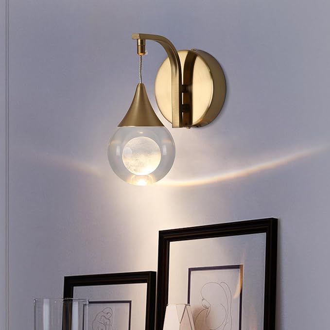 Globe Crystal Wall Light, Moon Wall Sconce Light, Led Wall Lamp for Bedroom Living Room Hallway, 3300k Warm White | Dimmable | Gold