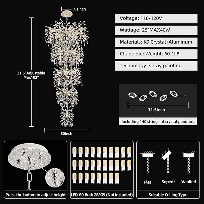 Modern Tree Branch Crystal Chandelier 102" Sliver Luxury Large Pendant Lighting 28-Light Contemporary K9 Crystal Chandeliers for Dining Room Kitchen Living Room Foyer Entryway (Sliver, H102"-Round)