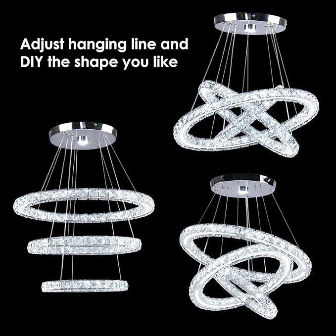 LED Chandeliers Modern Ceiling Light Fixture 3 Rings Adjustable Crystal Pendant Light Fixture Ceiling Hanging for Living Room Dining Room Bedrooms Hall 250mm Base 209 Crystals (Cool White)