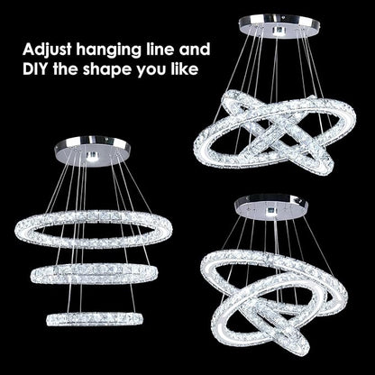 LED Chandeliers Modern Ceiling Light Fixture 3 Rings Adjustable Crystal Pendant Light Fixture Ceiling Hanging for Living Room Dining Room Bedrooms Hall 250mm Base 209 Crystals (Cool White)