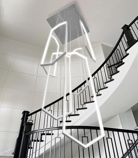 6 Rings Silver Modern Long Large Chandelier Dimmable LED High Ceiling Chandelier for Living Room Foyer Staircase Enterway Hanging Light Fixture Modern Ceiling Light