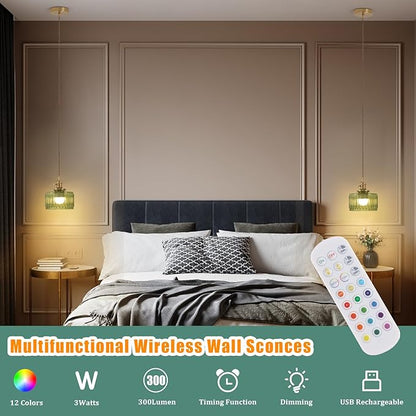 Shenmoyl Battery Operated Pendant Light 5000mAh Rechargeable Chandelier with Remote Control Wireless Adjustable Hanging Green Striped Light for Kitchen Island Dining Room Hallway, 2 Pack
