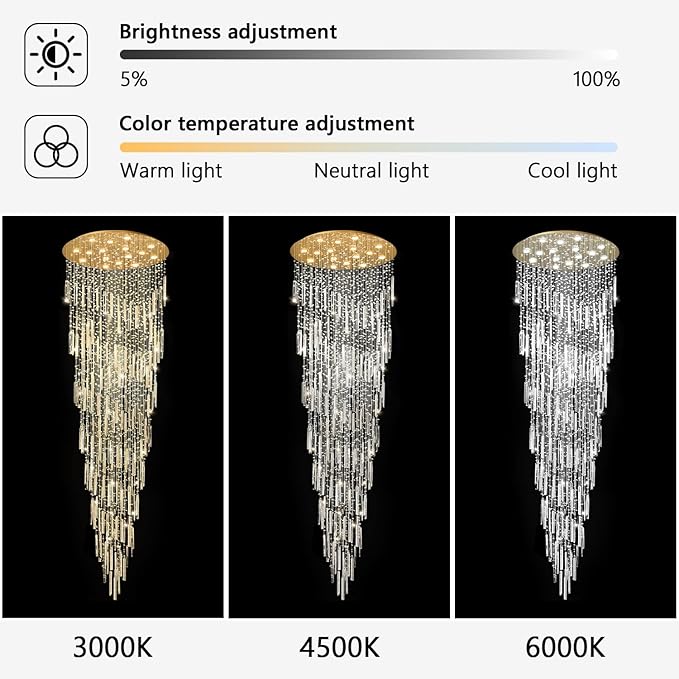 D40'' x H120'' Crystal Chandelier High Ceiling Chandeliers for Entryway Large Raindrop Chandeliers LED Dimmable Flush Mount Light Fixtures for Staircaes Foyer Hallway Living Room Bulbs Included Gold