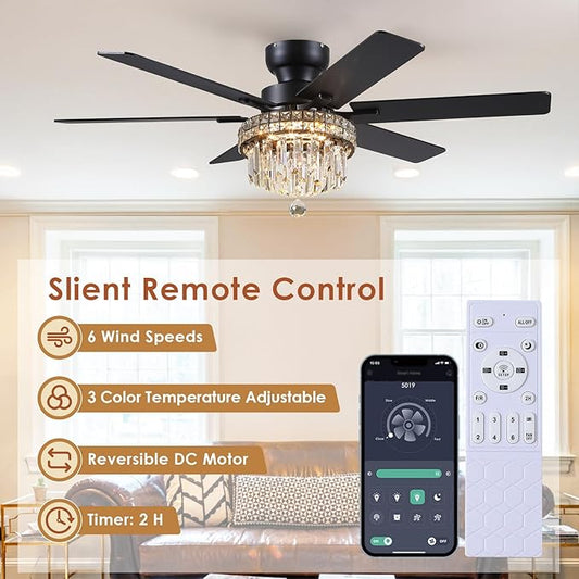 Asyko Chandelier Ceiling Fan -52" Crystal Ceiling Fan- Fandelier Fan Light Black with Remote, Reversible Motor, Dual-Sided 6 Blades, 3 Speed, Timer, Indoor Outdoor Fans, Living Room, Dining Room