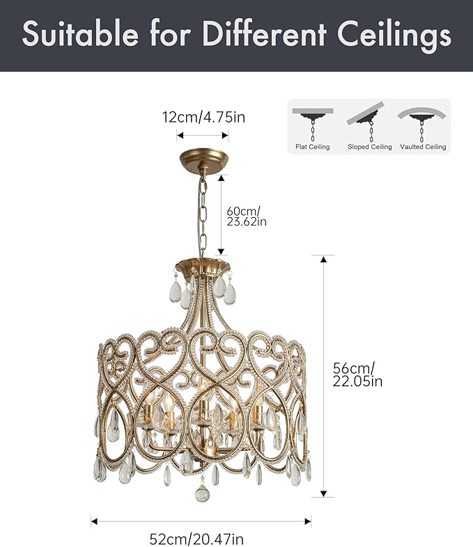 KSRYSZCQ 5-Light Crystal Chandelier 20“ French Country Chandelier Antique Silver Drum Chandelier for Dining Room Bedroom Living Room Kitchen Island