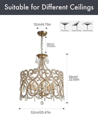 KSRYSZCQ 5-Light Crystal Chandelier 20“ French Country Chandelier Antique Silver Drum Chandelier for Dining Room Bedroom Living Room Kitchen Island