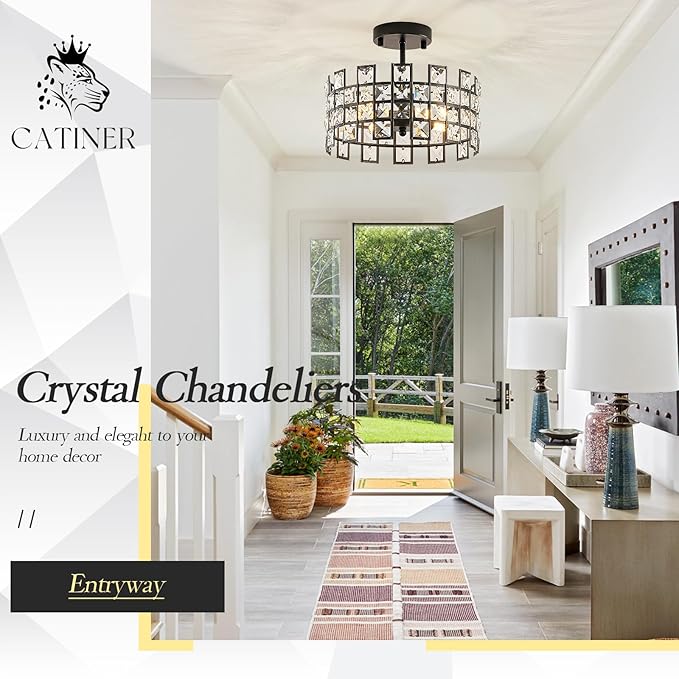 CATINER Black Crystal Pendant Light, 12'' Round 4-Light Modern Chandelier, Semi Flush Mount Ceiling Light for Kitchen Island, Dining Room, Bedroom, Entryway, Hallway, Foyer