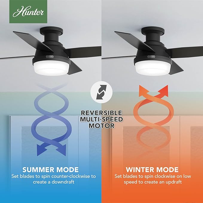 Hunter 44 inch Indoor Ceiling Fan with LED Light and Remote Control - Black Modern Ceiling Fan, Low Profile Mount, 4 Blades, for Bedroom, Living Room, or Kitchen, Quiet - Dempsey 52390, Matte Black