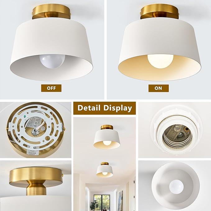 Modern Semi Flush Mount Ceiling Light,Metal Ceiling Light Fixture,E26 Ceramic Lamp Head,White and Gold Ceiling Lamp for Hallway Kitchen Entryway Bedroom Laundry Room (10Inch)