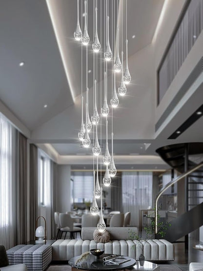ykolupty H138 Modern Chandelier for High Ceiling 26-Lights Chrome Raindrop Chandeliers Crystal Pendant Light Fixture Large Chandelier for Staircase Foyer Villa Dimmable LED Hanging Light