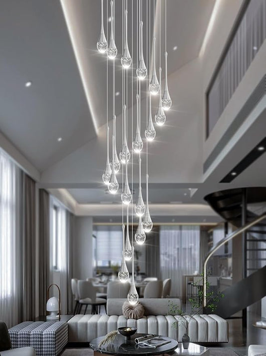 ykolupty H138 Modern Chandelier for High Ceiling 26-Lights Chrome Raindrop Chandeliers Crystal Pendant Light Fixture Large Chandelier for Staircase Foyer Villa Dimmable LED Hanging Light