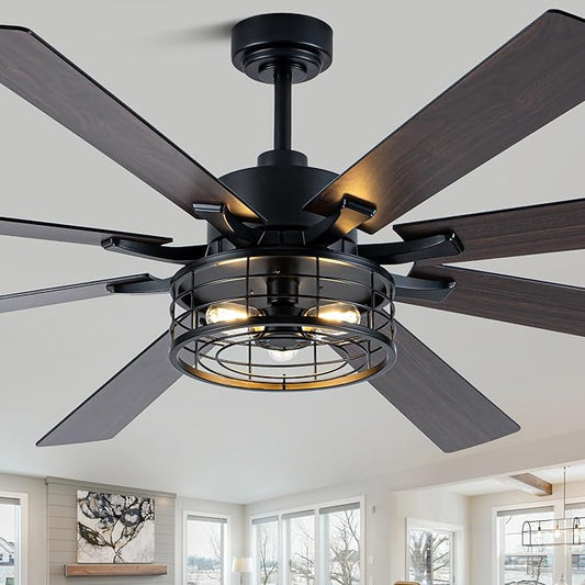 72 Inch Farmhouse Ceiling Fan with Lights and Remote Large Rustic Ceiling Fan Industrial Black Caged Fandelier Chandelier Light, Reversible Quiet DC Motor 6 Speeds for Indoor Outdoor