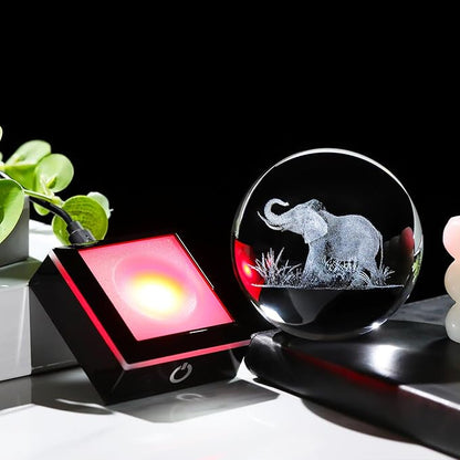 Arikyrist 3D Crystal Ball Elephant Figurine with Colorful Light Base, Laser Elephant Gifts for Women Men, Glass Elephants Statue Decorative Ball for Home Office (80mm)