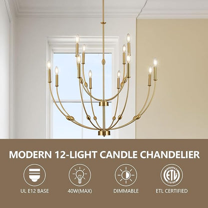Modern Gold Chandelier, 12- Light Large Chandelier for High Ceilings, 35 inch 2-Tier Candle Style Rustic Hanging Light Fixture for Living Room Foyer Entryway