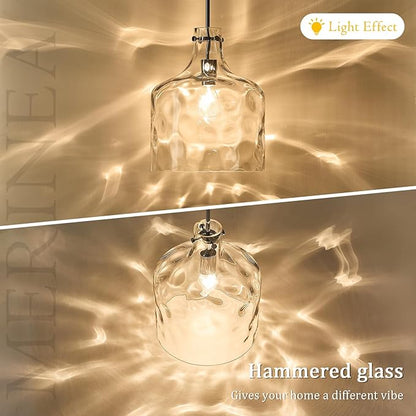 Farmhouse Pendant Light – Hand-Blown Clear Hammered Glass Shade, Chrome Finish, Adjustable Chain Hanging Fixture for Kitchen Island, Dining Room & Hallway, 15" H x 12" D
