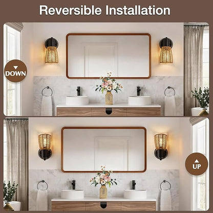 EJIAXIN Boho Rattan Wall Sconces Set of 2 - Vanity Lights for Bathroom Farmhouse Wall Light Fixtures with Rotary Switch - Black Indoor Wall Mount Lighting Rustic Lamp for Bedroom Living Room Hallway