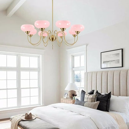 BOKT Gold Mid Century Chandelier Over Table 8-Light Pink Flush Mount Ceiling Light Fixture Kitchen Adjustable Height Ceiling Hanging Light Pink Globe Glass Chandelier for Dining Room Bedroom