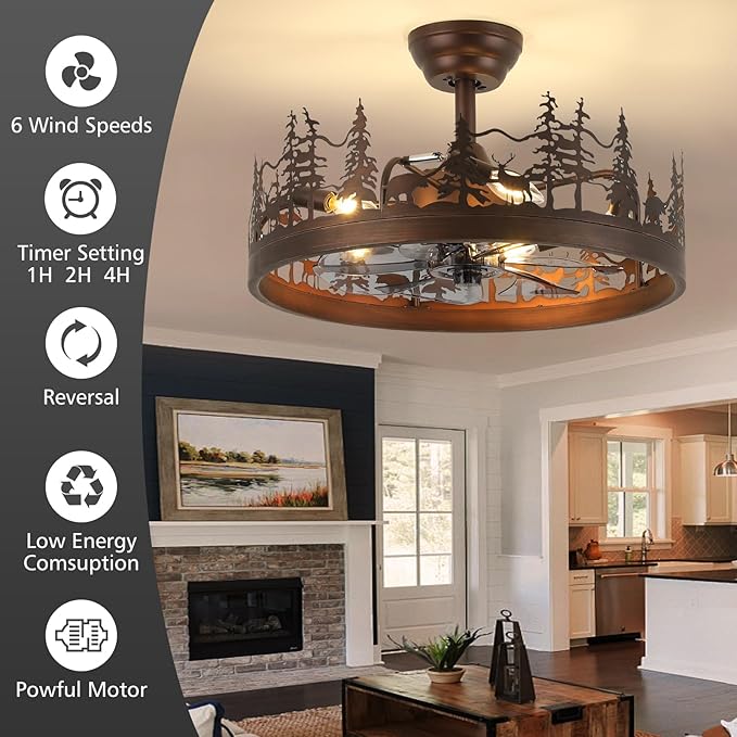 Farmhouse Rustic Ceiling Fan with Light, 21" Vintage Cage Ceiling Fans with Lights, Rustic Ceiling Fan for Living Room, Bedroom, Hallway, Entryway Lighting