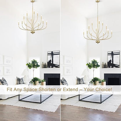 Modern Gold Chandelier for Dining Room,12-Light Gold Chandeliers,34 Inch Large Industrial Hanging Light Fixture for High Ceilings for Living Room, Kitchen, Entryway,Foyer