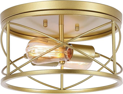 2-Light Flush Mount Ceiling Light Fixture, Industrial Modern Gold Ceiling Lamp, Vintage Farmhouse Light Fixture for Hallway, Bedroom, Dining Room, Living Room, Kitchen, Entryway