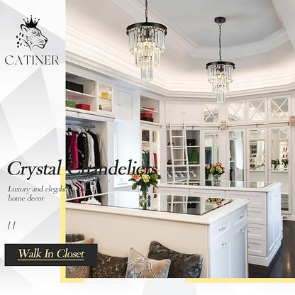 3 Pack Black Crystal Pendant Light for Kitchen Island,Modern Mini Crystal Chandeliers for Dining Room,3 Tiers K9 Ceiling Pendant Light Fixture for Hallway Bedroom Closet