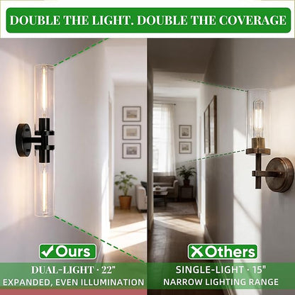 Wall Sconces Set of 2, Hardwired Bathroom Light Fixtures, Modern Bathroom Vanity Wall Lighting with Clear Glass Shade, Farmhouse Wall Sconce for Mirror Bedroom Hallway, Matte Black, E26 Base