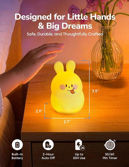 Mini Slumber Pal Bunny Night Light for Kids, 8 Color Changing with Warm Red Glow & Timer, Cute Silicone Squishy Night Light, Portable Rechargeable Night Light for Baby Car Seat, Bedroom & Travel