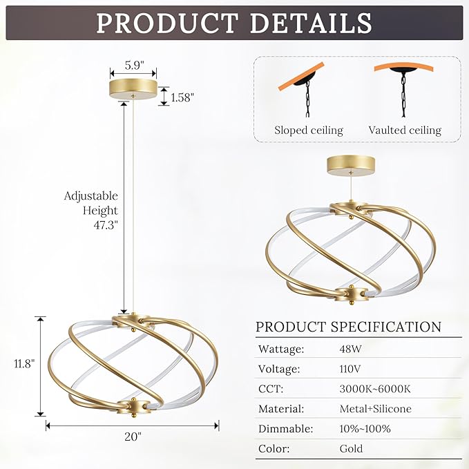 Gold Modern Chandelier with Remote Control, 48W 3-Color Temperature Dimmable LED Chandelier for Dining Room, Hanging Adjustable Pendant Light for Living Room Kitchen Foyer Entryway