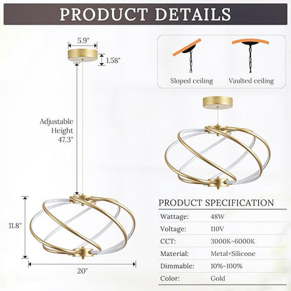 Gold Modern Chandelier with Remote Control, 48W 3-Color Temperature Dimmable LED Chandelier for Dining Room, Hanging Adjustable Pendant Light for Living Room Kitchen Foyer Entryway