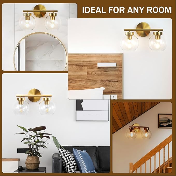 Gold Vanity Light, 2 Light Bathroom Vanity Light with Clear Globe Glass Shades, Modern Bathroom Light Fixture Over Mirror, Brass Wall Sconce Light for Bedroom Restroom, E26 Socket