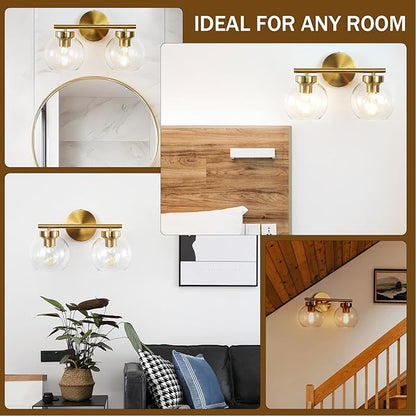 Gold Vanity Light, 2 Light Bathroom Vanity Light with Clear Globe Glass Shades, Modern Bathroom Light Fixture Over Mirror, Brass Wall Sconce Light for Bedroom Restroom, E26 Socket