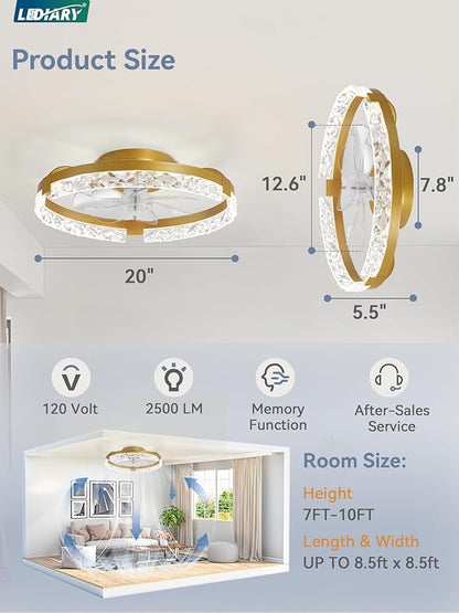 LEDIARY 2 Pack 20 Inch Ceiling Fans with Lights and Remote, Fandelier Modern Low Profile Ceiling Fan, 3000K-6000K Dimmable LED Fan Light, Gold Flush Mount Ceiling Fans with Lights for Bedroom