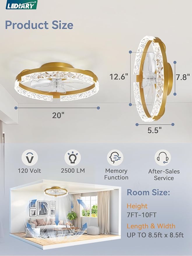 LEDIARY 20 Inch Low Profile Ceiling Fans with Lights and Remote, Fandelier Ceiling Fan Flush Mount, 3000K-6000K Dimmable LED Fan Light, Gold Modern Ceiling Fans with Lights for Bedroom