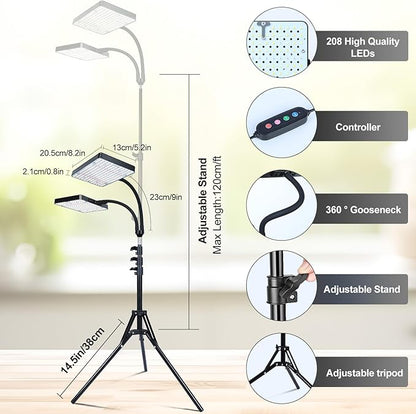 2Head Grow Light with Stand, 50 Watt Grow Lights for Indoor Plants, Natural Sunlight Full Spectrum Plant Growing Lamps for Tall Houseplants & Bonsai Tree, 4/8/12/16/20H 5-Mode Timer