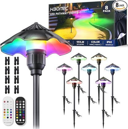 HIBOITEC 8-Pack RGBW Low Voltage Pathway Lights 3W 12-24V LED Landscape Lighting Outdoor Color Changing Landscape Lights Aluminum Waterproof Path Lighting for Walkway Yard Garden