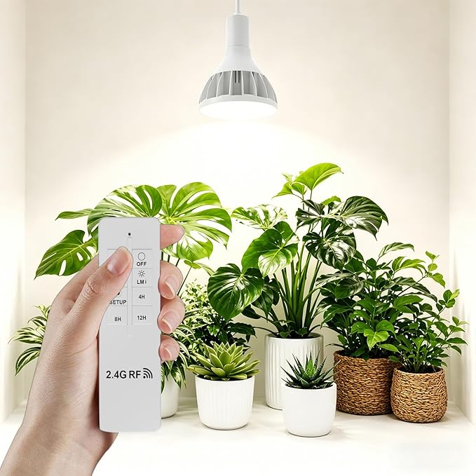 RDJ Bouns Dimmable Led Grow Light Bulb with Remote & Timer, 26W Full Spectrum Plant Bulb for Indoor Plants, Auto On/Off 4/8/12H, Natural White PAR38 Grow Lamp for Succulents, Seeds, E26 Base