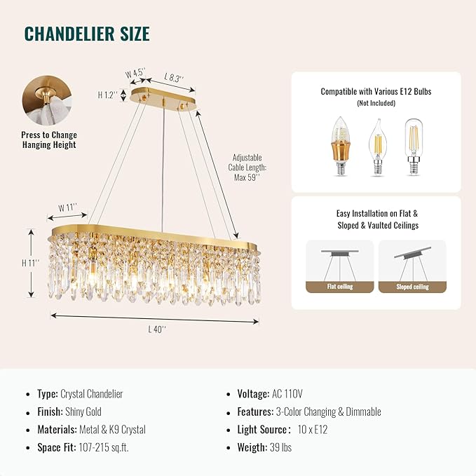 Siljoy Rectangular Gold Crystal Chandelier for Dining Room, 10-Light Modern Oval K9 Crystal Raindrop Chandelier Luxury Crystal Island Light for Living Room Kitchen Bar L40'' x W11'' x H10.6''