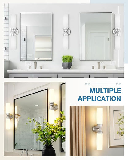 Emak Modern Brushed Nickel Bathroom Light Fixtures, 2-Light Vanity Lights for Mirror, 22 Inch Indoor Wall Sconces with Milk Glass Shade for Bathroom, Bedroom, Hallway, VL085-BN-ML-2